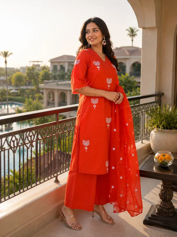 Orange_Cotton_Floral_Print_Straight_Kurti_Set_For_Women