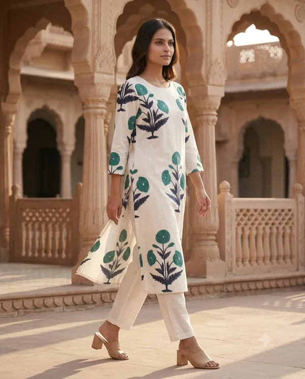 White_&_Blue_Cotton_Botanical_Print_A-Line_Kurta_Co-Ord_Set_For_Women