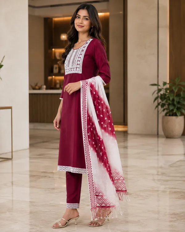 Maroon_Silk_Straight_Kurta_Set_For_Women