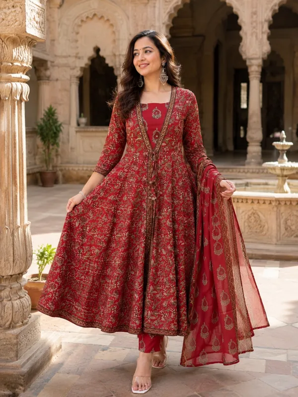 Maroon_Cotton_Anarkali_Printed_Kurta_Set_For_Women