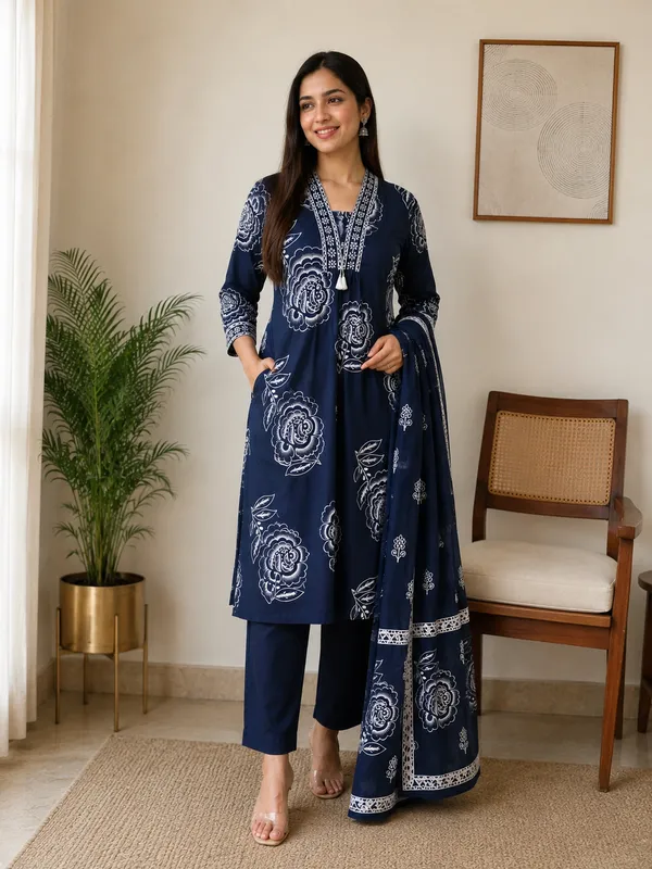 Navy_Blue_Cotton_Straight_Floral_Print_Kurta_Set_For_Women