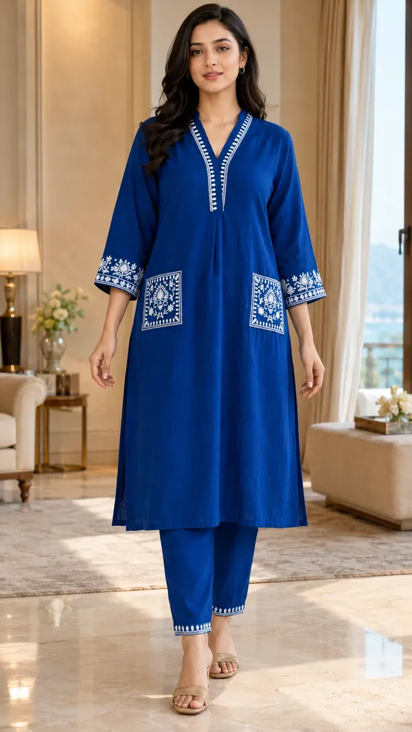 Blue_Cotton_Embroidered_Straight_Kurta_Co-Ord_Set_For_Women