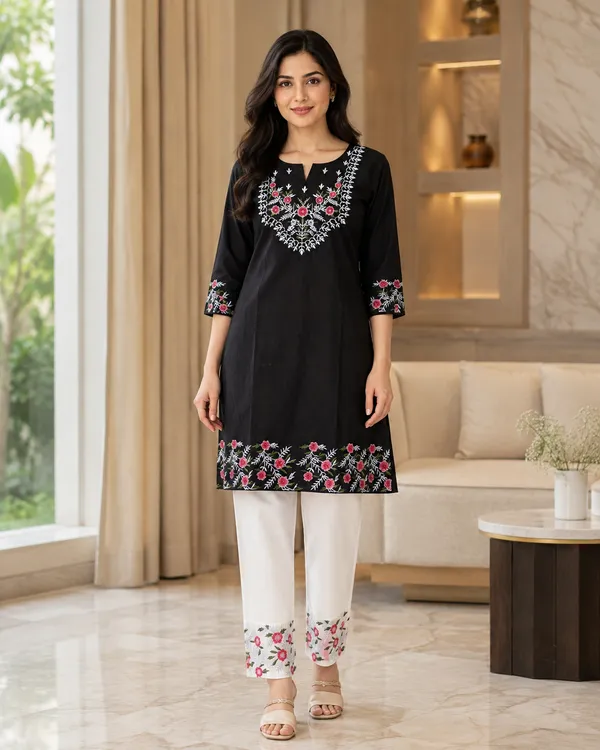 Black_Cotton_Straight_Embroidered_Kurta_Co-Ord_Set_For_Women