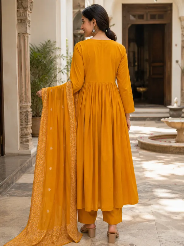 Mustard_Cotton_Flared_Anarkali_Embellished_Kurti_Set_For_Women