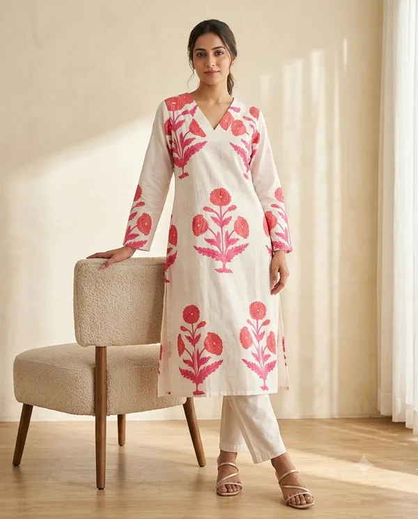 White_&_Pink_Cotton_Floral_Print_Straight_Kurta_Co-Ord_Set_For_Women