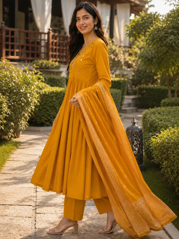 Mustard_Cotton_Flared_Anarkali_Embellished_Kurti_Set_For_Women