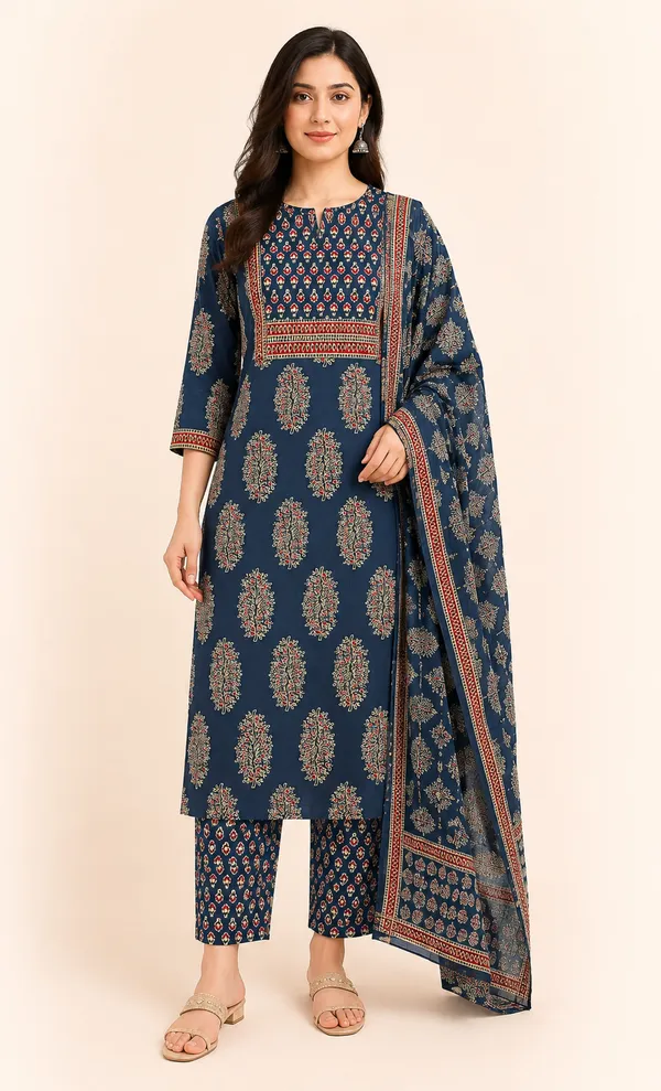 Blue_Cotton_Straight_Floral_Motif_Kurti_Set_For_Women