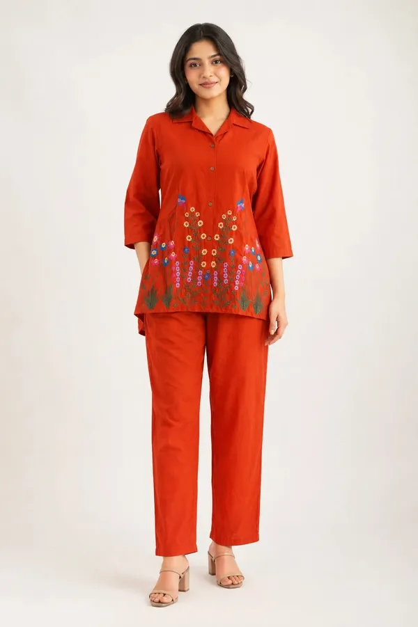 Orange_Cotton_Straight_Embroidered_Shirt_Co-Ord_Set_For_Women