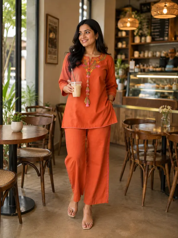 Orange_Cotton_Straight_Embroidered_Kurta_Co-Ord_Set_For_Women