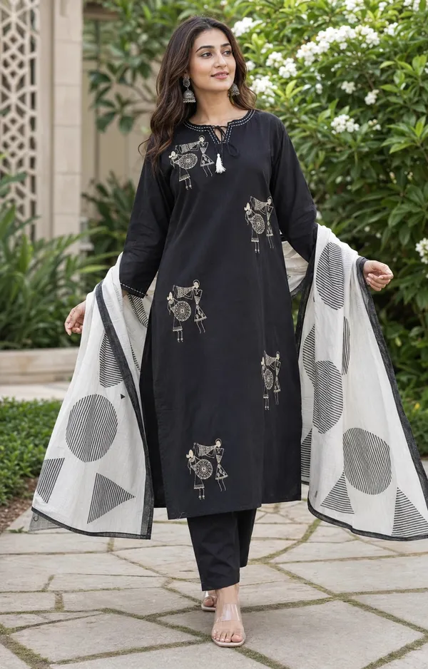Black_Cotton_Folk_Print_Straight_Kurti_Set_For_Women