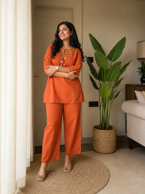 Orange_Cotton_Straight_Embroidered_Kurta_Co-Ord_Set_For_Women