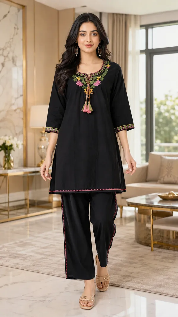 Black_Cotton_Straight_Embroidered_Kurta_Co-Ord_Set_For_Women