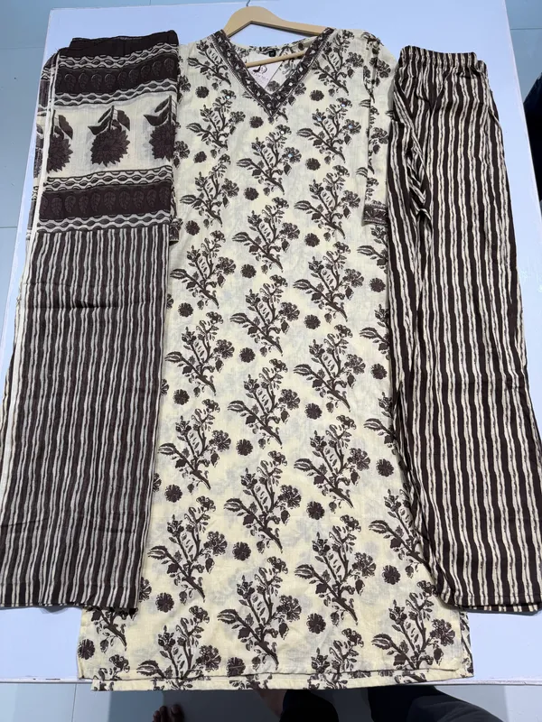 Off_White_&_Brown_Cotton_Straight_Botanical_Print_Kurti_Set_For_Women
