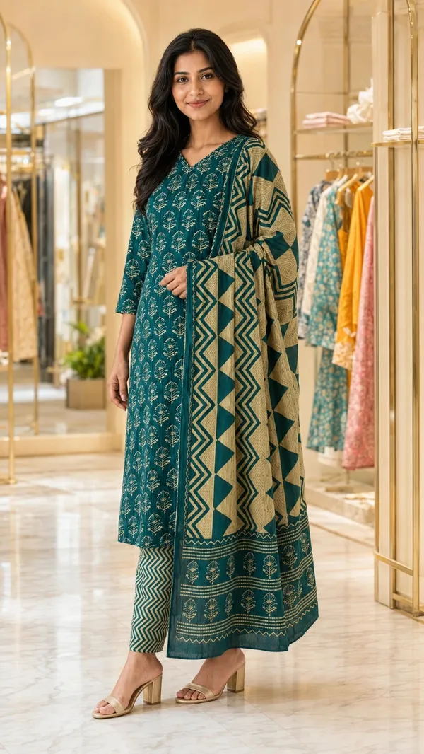 Teal_Cotton_Straight_Botanical_Print_Kurti_Set_For_Women