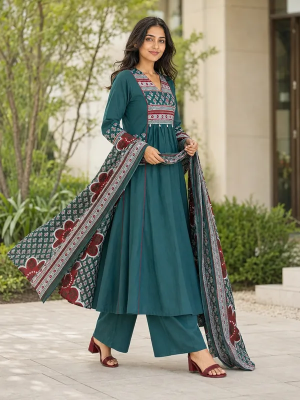 Teal_Cotton_Flared_Anarkali_Palazzo_Kurti_Set_For_Women