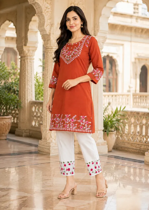 Rust_Cotton_Floral_Straight_Kurta_Co-Ord_Set_For_Women