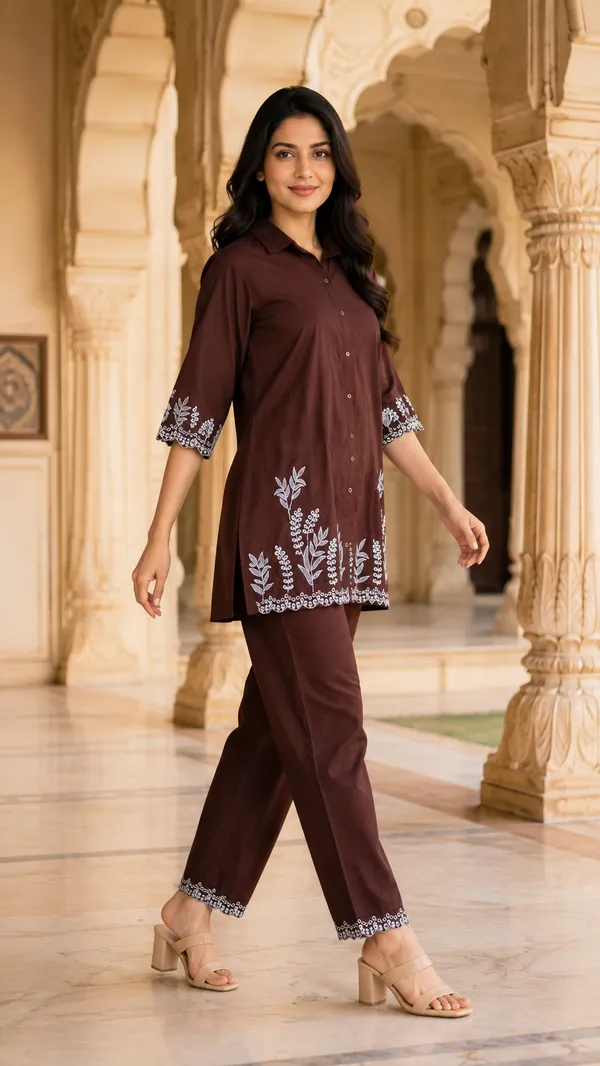 Brown_Cotton_Relaxed_Embroidered_Kurta_Co-Ord_Set_For_Women
