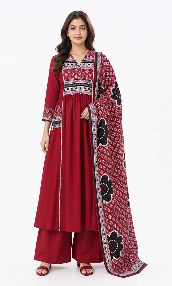 Red_Cotton_Printed_Flared_Kurti_Set_For_Women