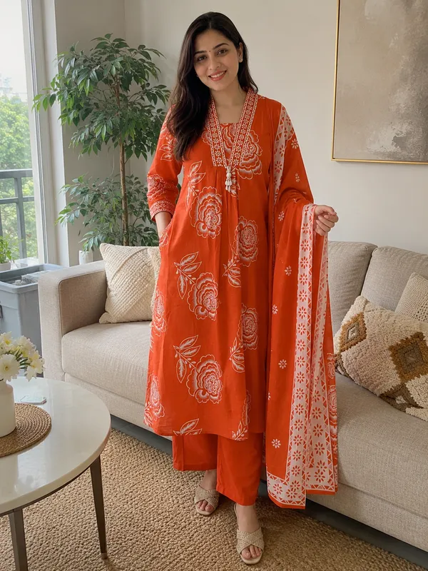 Orange_Cotton_Straight_Floral_Print_Kurti_Set_For_Women
