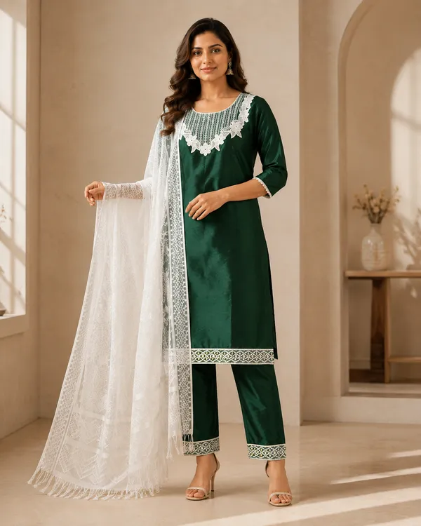 Bottle_Green_Silk_Straight_Embroidered_Kurta_Set_For_Women