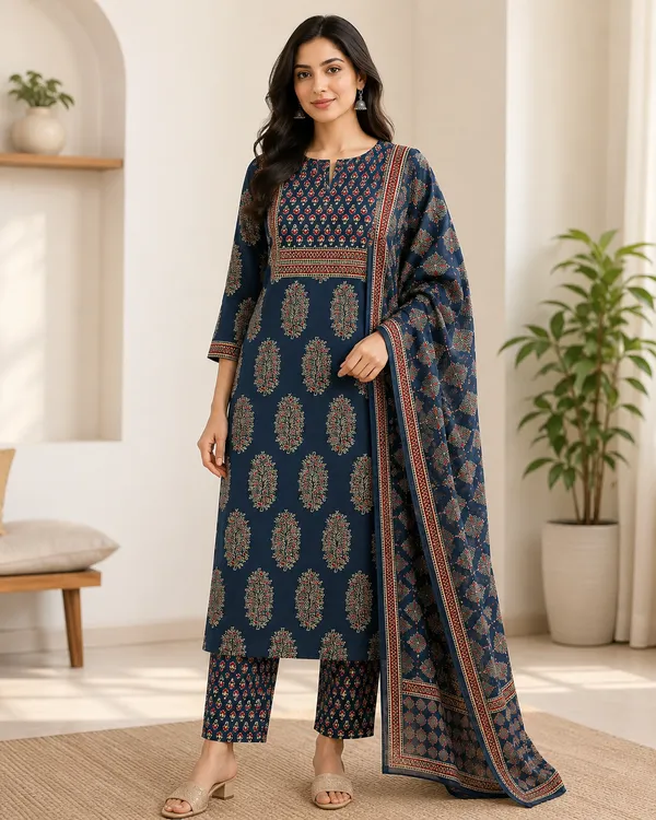 Blue_Cotton_Straight_Floral_Motif_Kurti_Set_For_Women