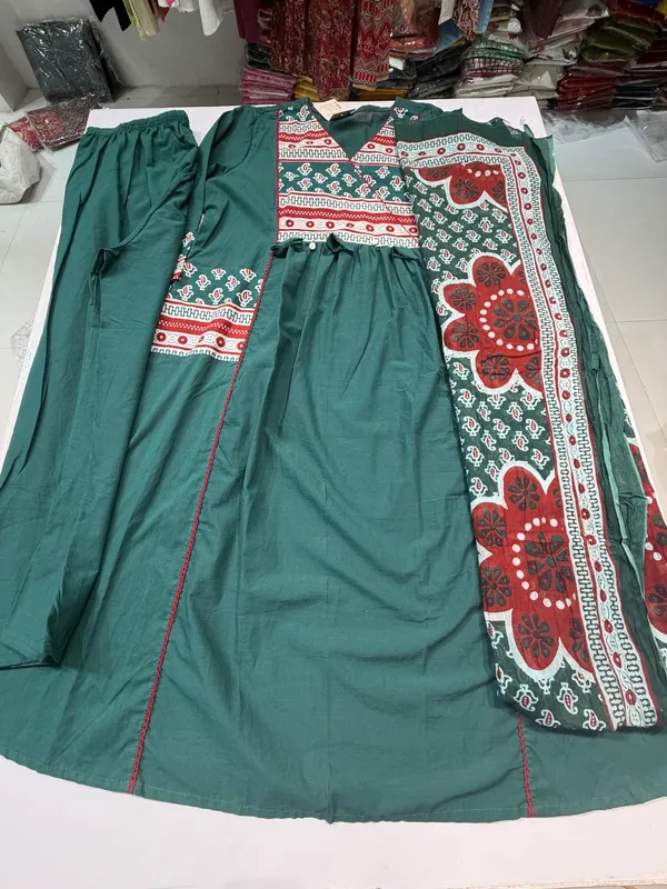 Teal_Cotton_Flared_Anarkali_Palazzo_Kurti_Set_For_Women