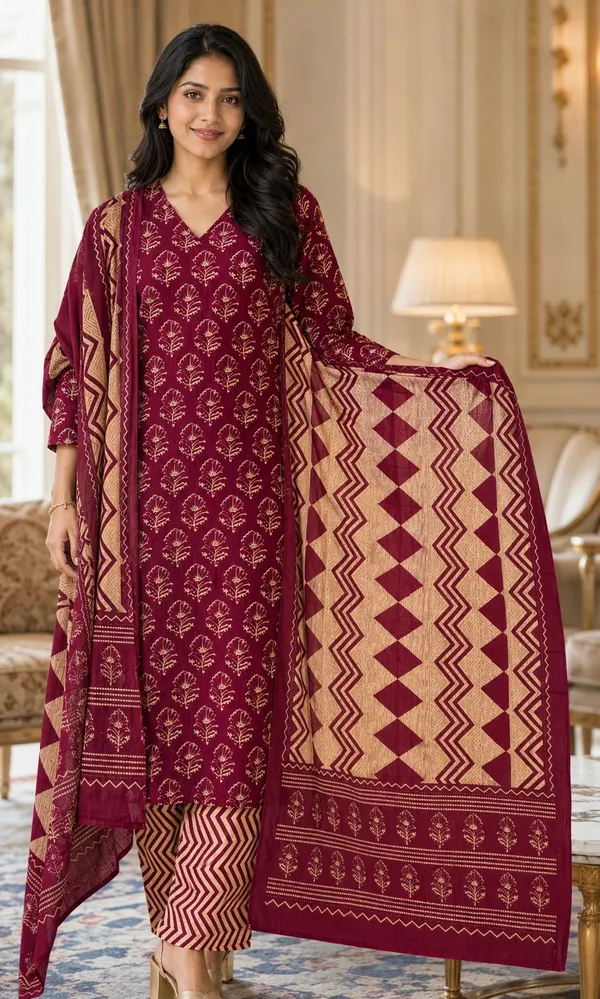Maroon_Cotton_Block_Floral_Print_Straight_Kurti_Set_For_Women