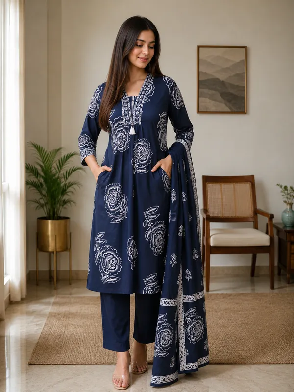 Navy_Blue_Cotton_Straight_Floral_Print_Kurta_Set_For_Women
