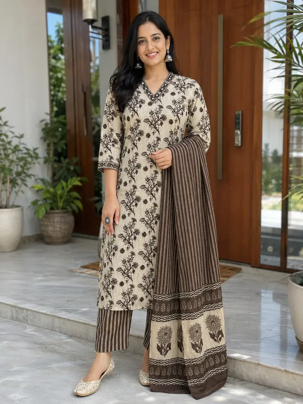 Off_White_&_Brown_Cotton_Straight_Botanical_Print_Kurti_Set_For_Women