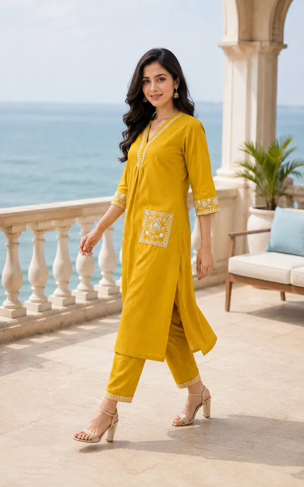 Yellow_Cotton_Straight_Embroidered_Kurta_Co-Ord_Set_For_Women