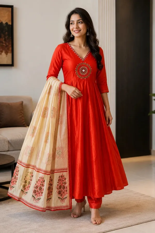 Red_Cotton_Flared_Anarkali_Kurti_Set_For_Women