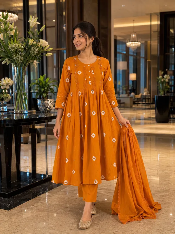 Orange_Cotton_Straight_Printed_Kurti_Set_For_Women