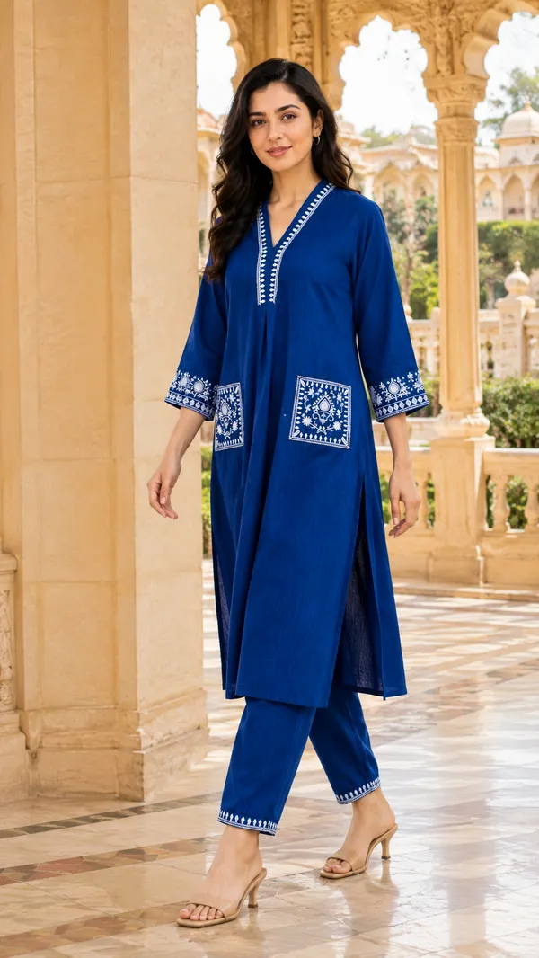 Blue_Cotton_Embroidered_Straight_Kurta_Co-Ord_Set_For_Women