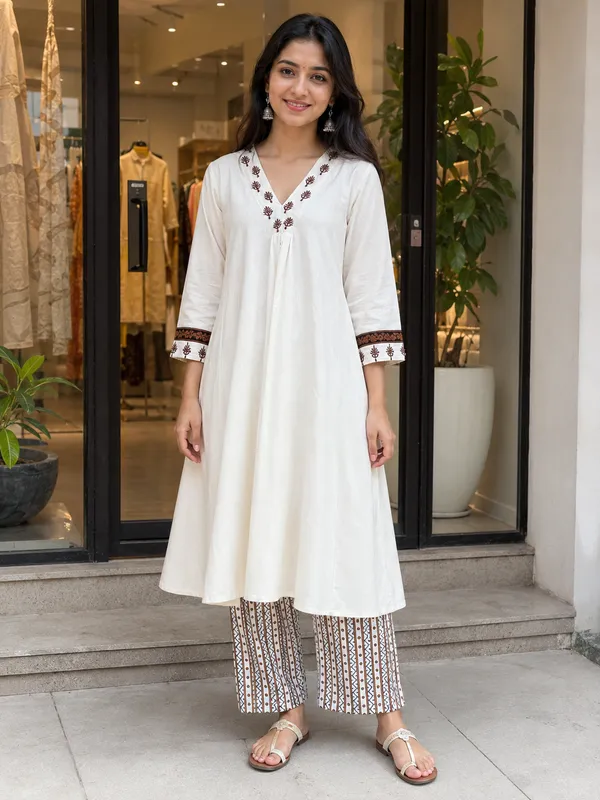 White_Cotton_Floral_Anarkali_Kurti_Set_For_Women