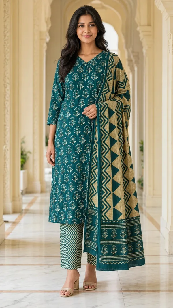 Teal_Cotton_Straight_Botanical_Print_Kurti_Set_For_Women