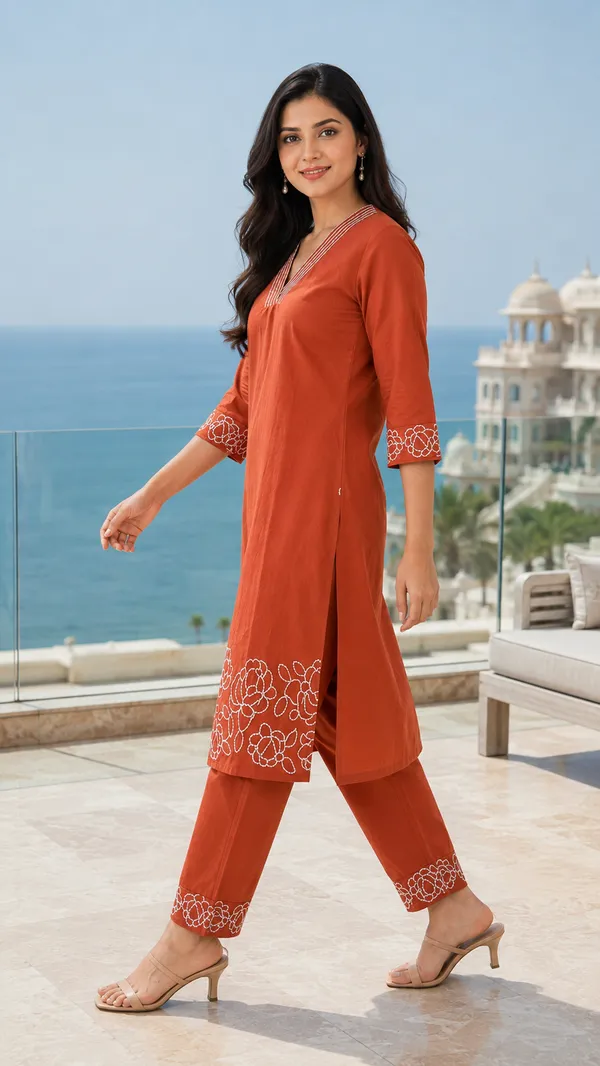 Rust_Cotton_Straight_Embroidered_Kurta_Co-Ord_Set_For_Women