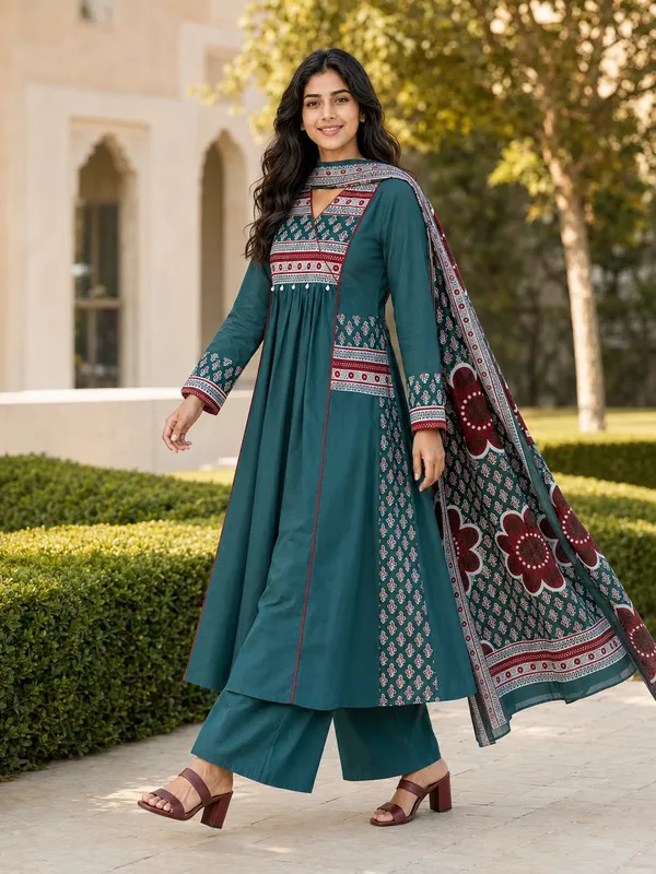 Teal_Cotton_Flared_Anarkali_Palazzo_Kurti_Set_For_Women