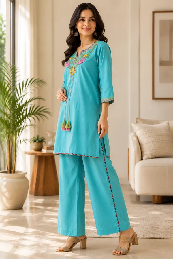 Turquoise_Cotton_Straight_Embroidered_Kurta_Palazzo_Set_For_Women