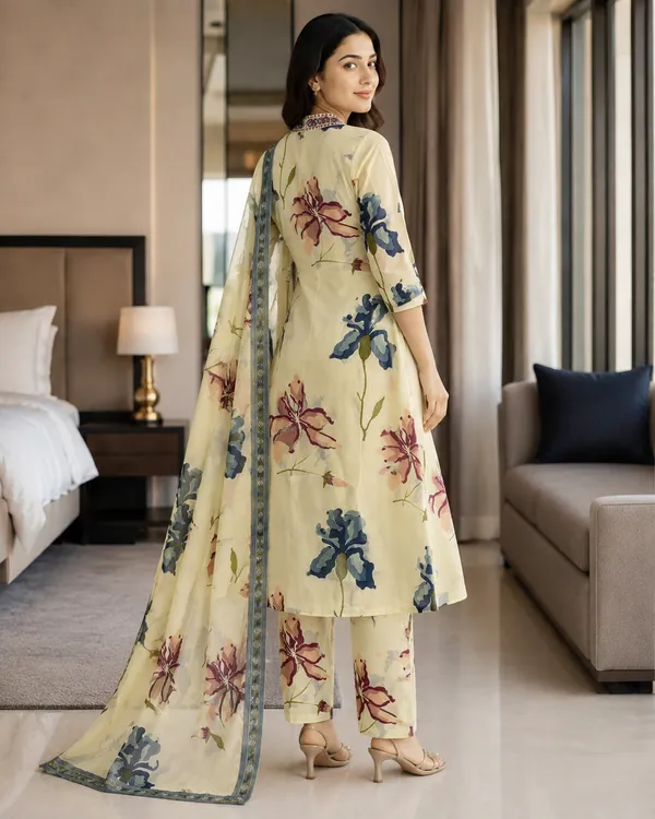 Yellow_Cotton_Floral_Print_Straight_Kurti_Set_For_Women