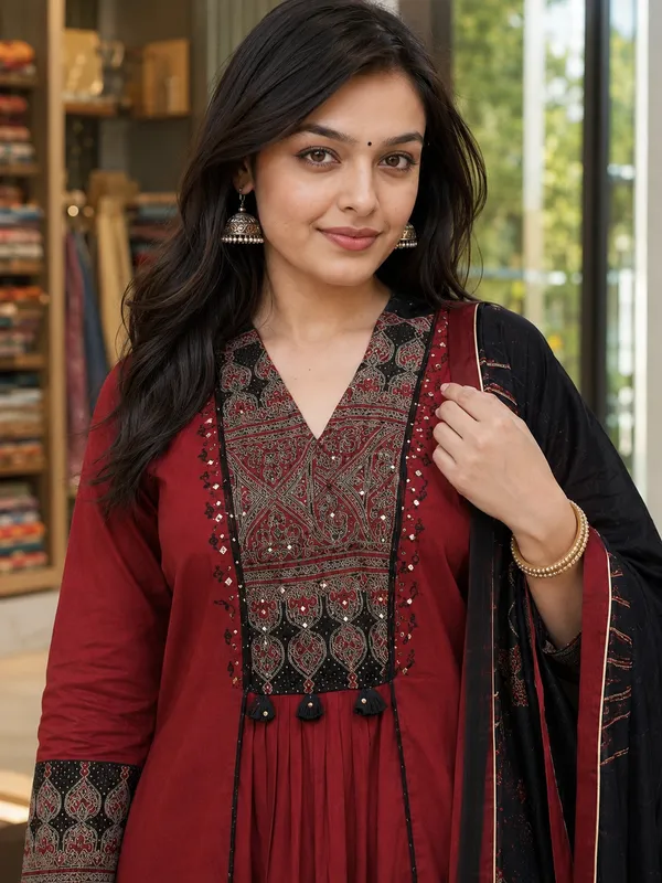 Maroon_Cotton_Printed_Flared_Kurta_Palazzo_Set_For_Women