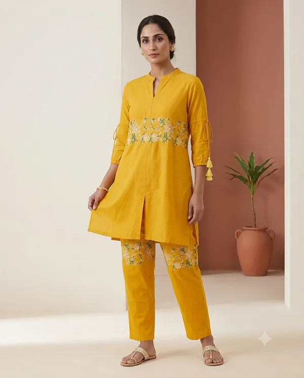 Yellow_Cotton_Straight_Embroidered_Kurta_Co-Ord_Set_For_Women