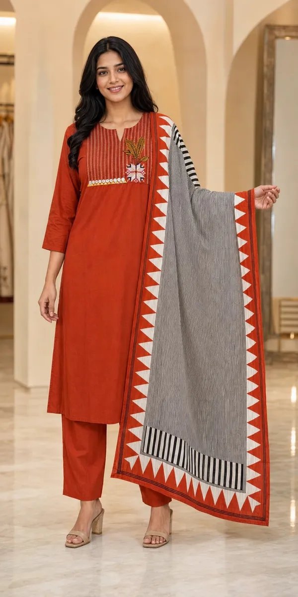 Orange_Cotton_Straight_Embroidered_Kurti_Set_For_Women