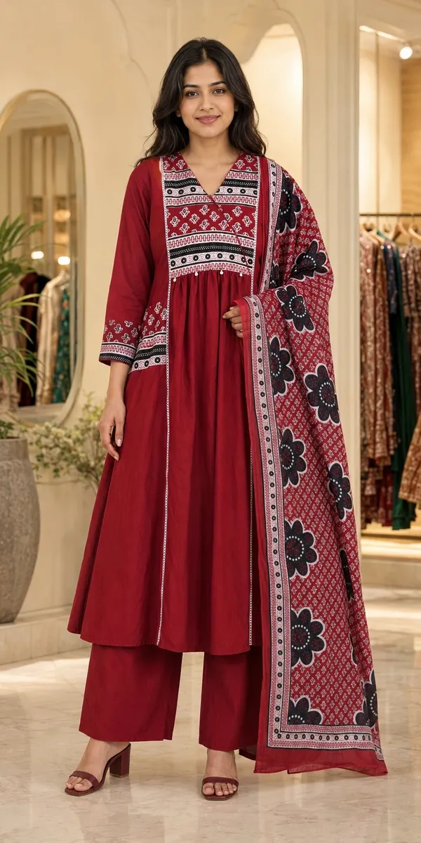 Red_Cotton_Printed_Flared_Kurti_Set_For_Women