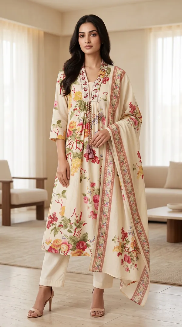 Cream_Cotton_Floral_Print_Straight_Kurti_Set_For_Women