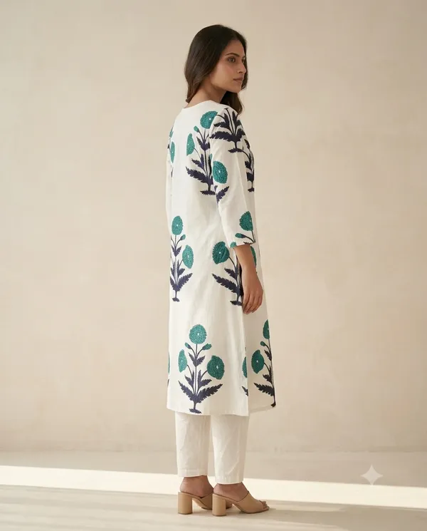 White_&_Blue_Cotton_Botanical_Print_A-Line_Kurta_Co-Ord_Set_For_Women