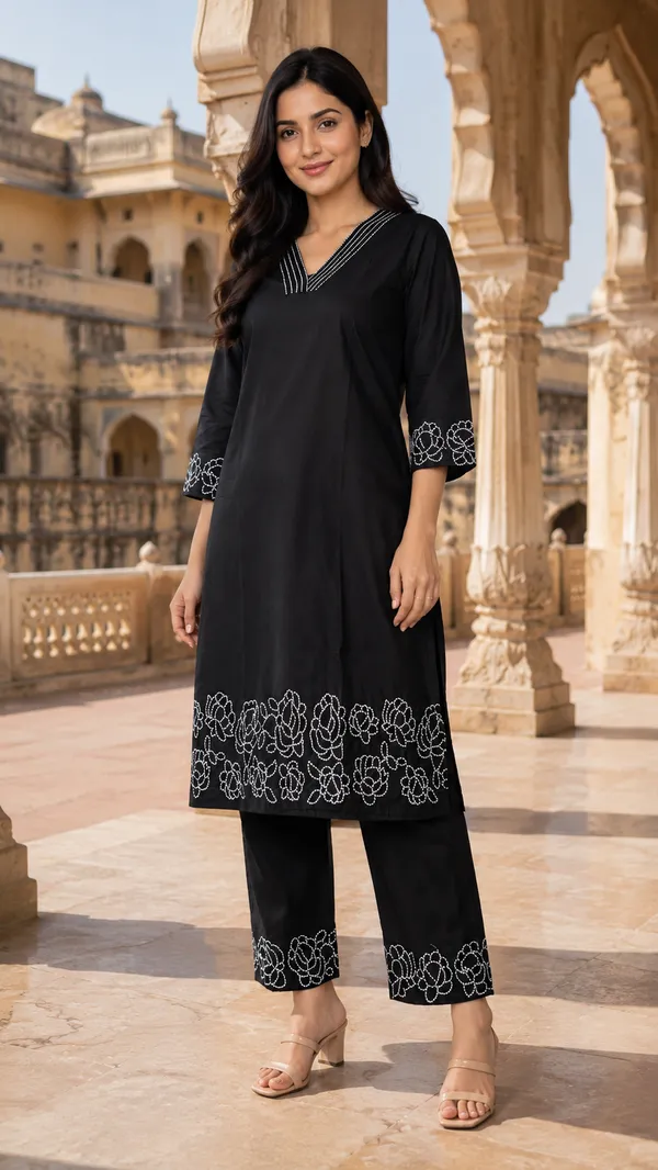 Black_Cotton_Straight_Embroidered_Kurta_Co-Ord_Set_For_Women