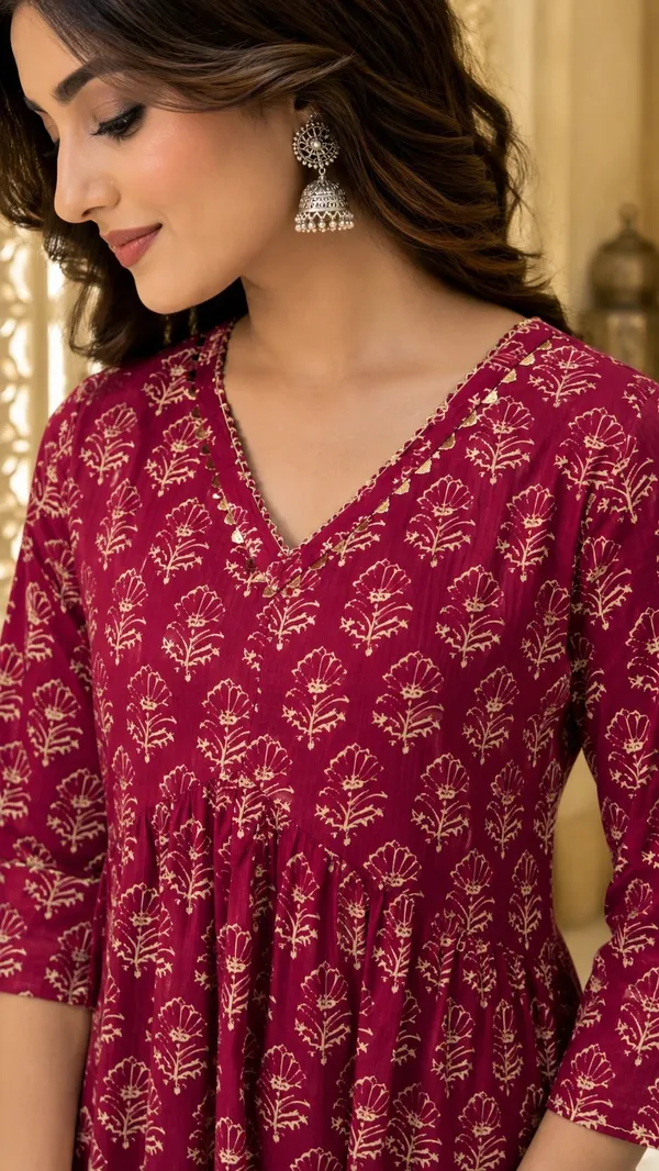 Maroon_Cotton_Block_Floral_Print_Straight_Kurti_Set_For_Women