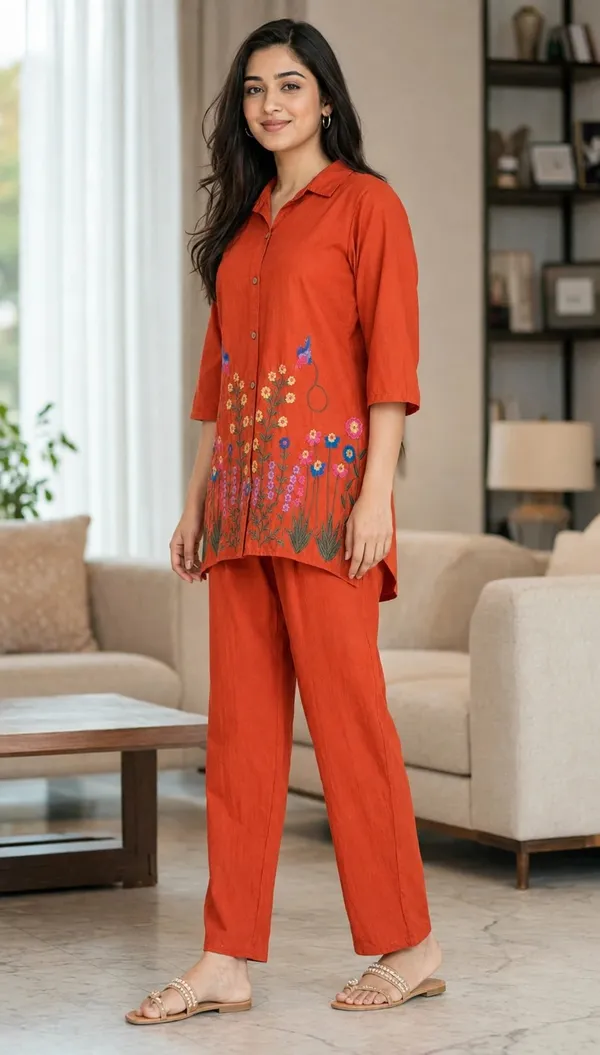 Orange_Cotton_Straight_Embroidered_Shirt_Co-Ord_Set_For_Women