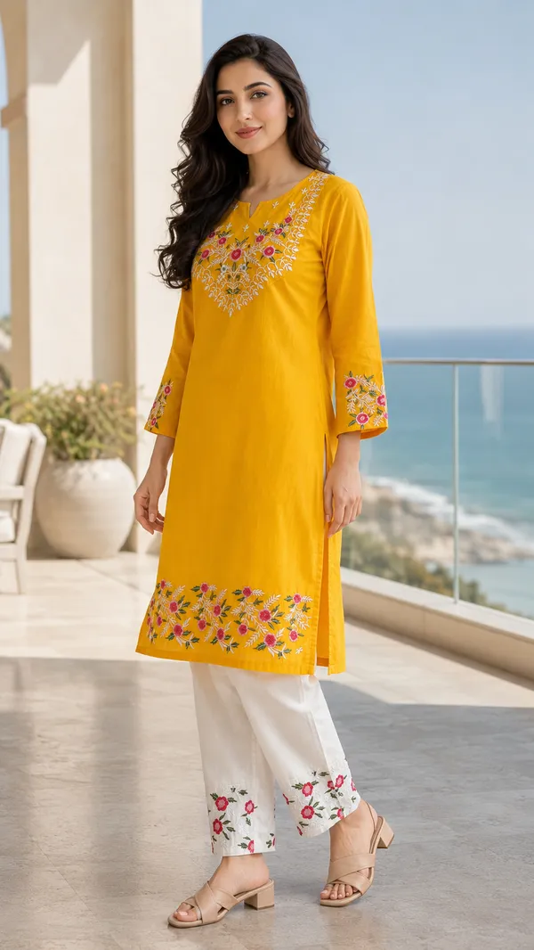 Yellow_Cotton_Straight_Embroidered_Kurta_Co-Ord_Set_For_Women