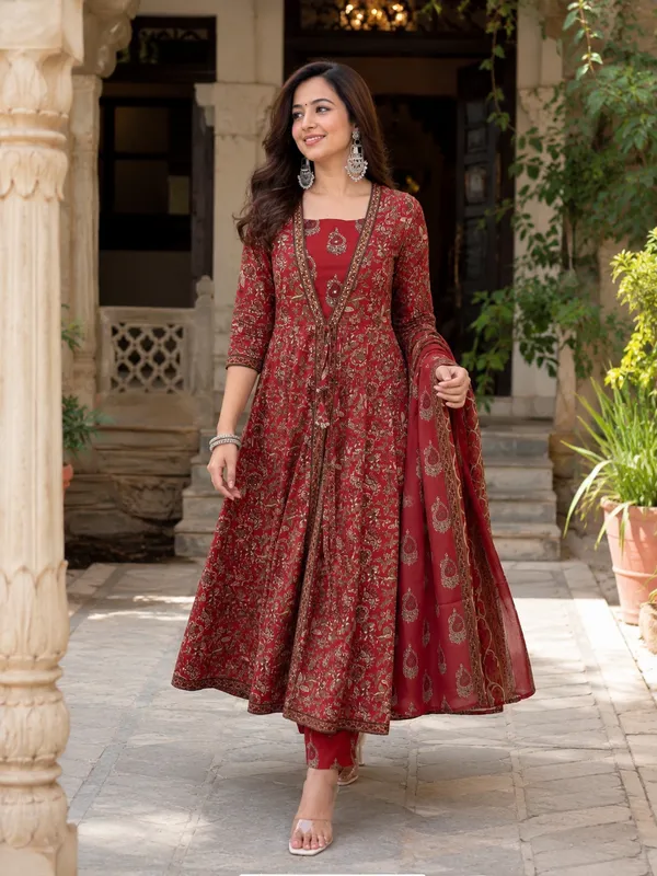 Maroon_Cotton_Anarkali_Printed_Kurta_Set_For_Women